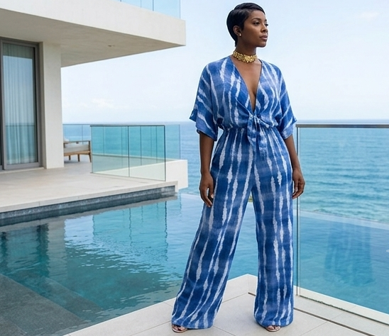Striped Lace-Up Long Sleeve Deep V-Neck Women's Hollow-Out Wide Leg Jumpsuit to 3X Plus Size