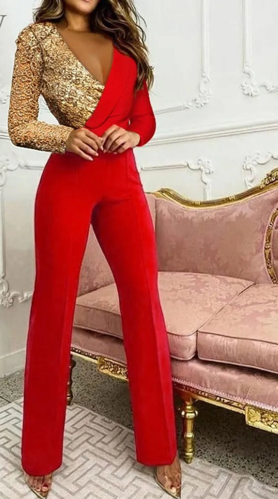 Colorblock Red/Gold Glitter Sequin Long Sleeve/Solid Puff Sleeve Zipper Jumpsuit