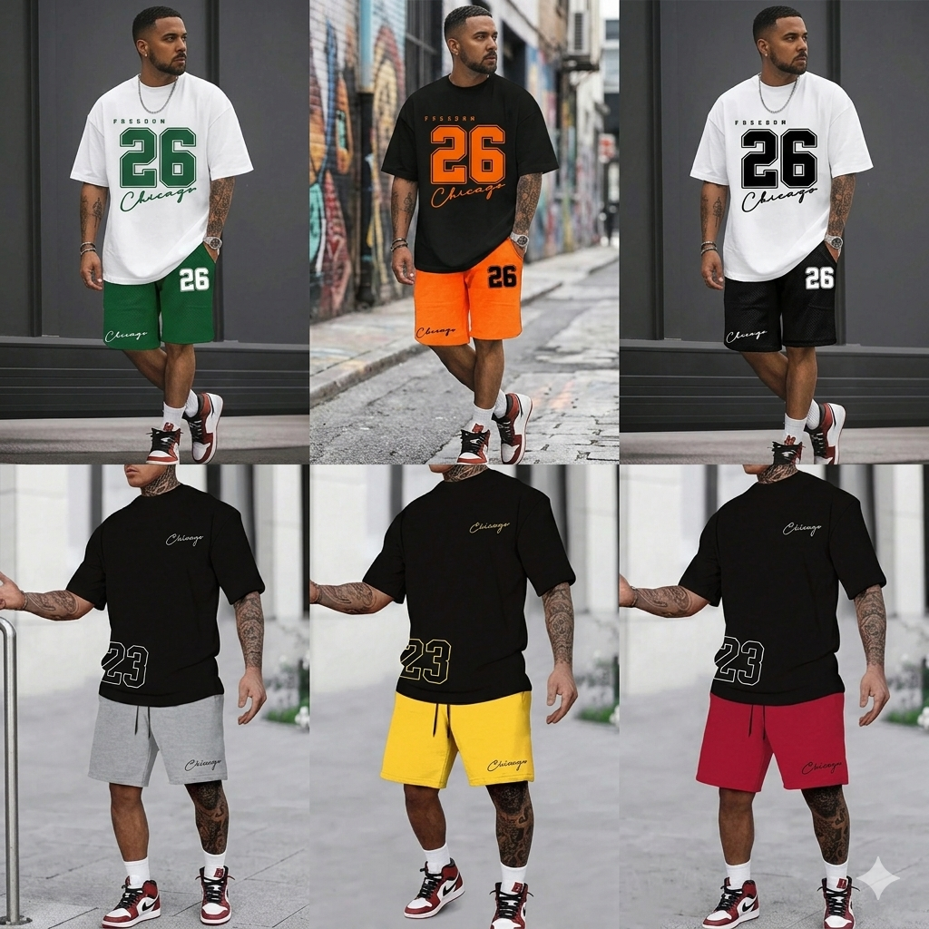 Men's Sportswear "#26 Chicago" Letter Print Short Sleeve T-Shirt+ Drawstring Basketball Shorts Fitness 2-Piece Set