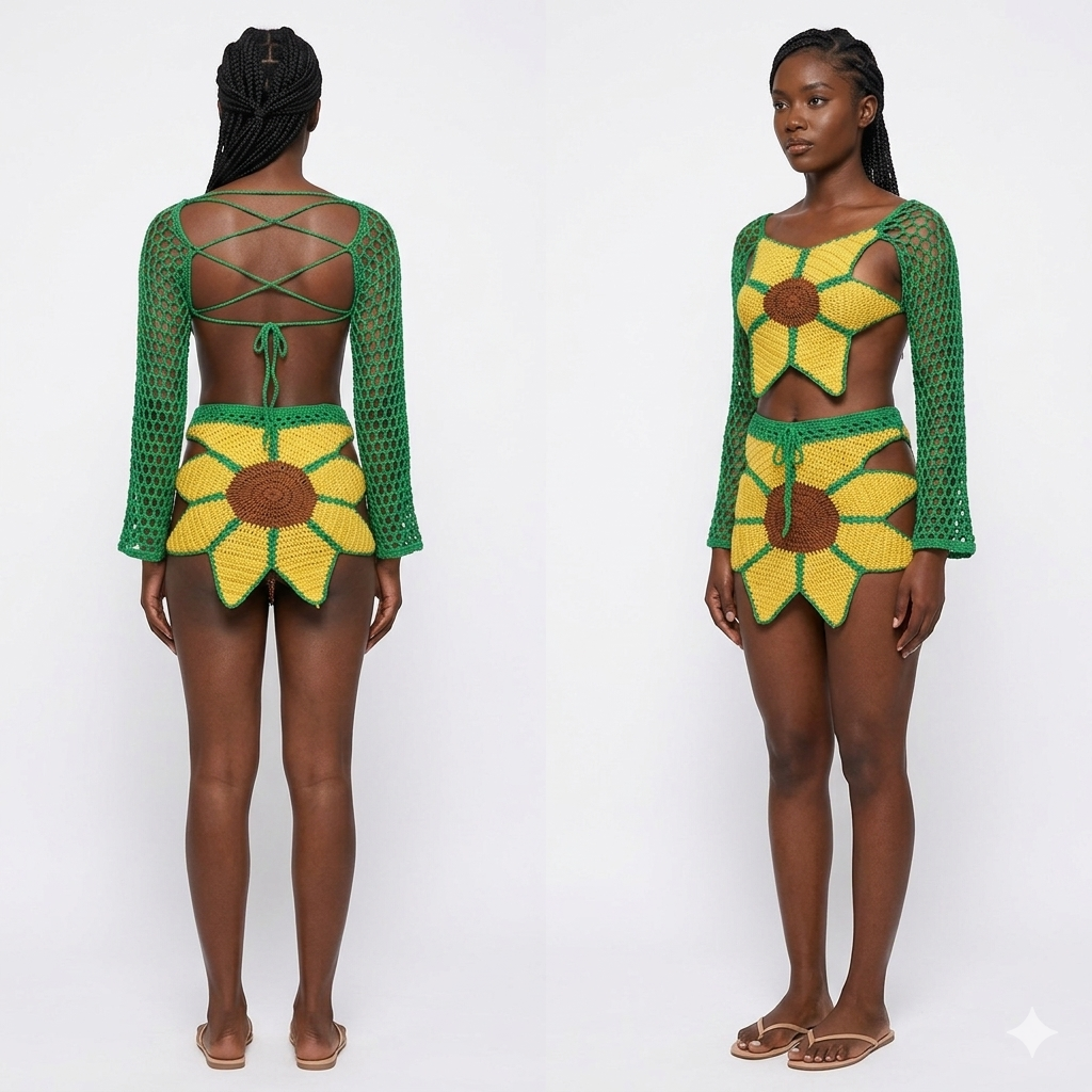 Handmade Women's Crochet Green/Yellow Sunflower Design Swimwear Cover-Up 2-Piece Set: Long Sleeve Hollow-Out Crop Top + Mini Bodycon Skirt