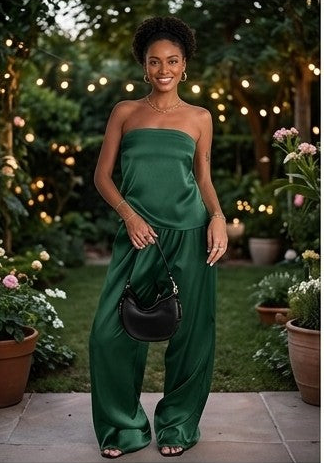 Satin Sleeveless Backless Women's Lace-Up Crop Top + Wide Leg Pants Solid Color 2-Piece Set