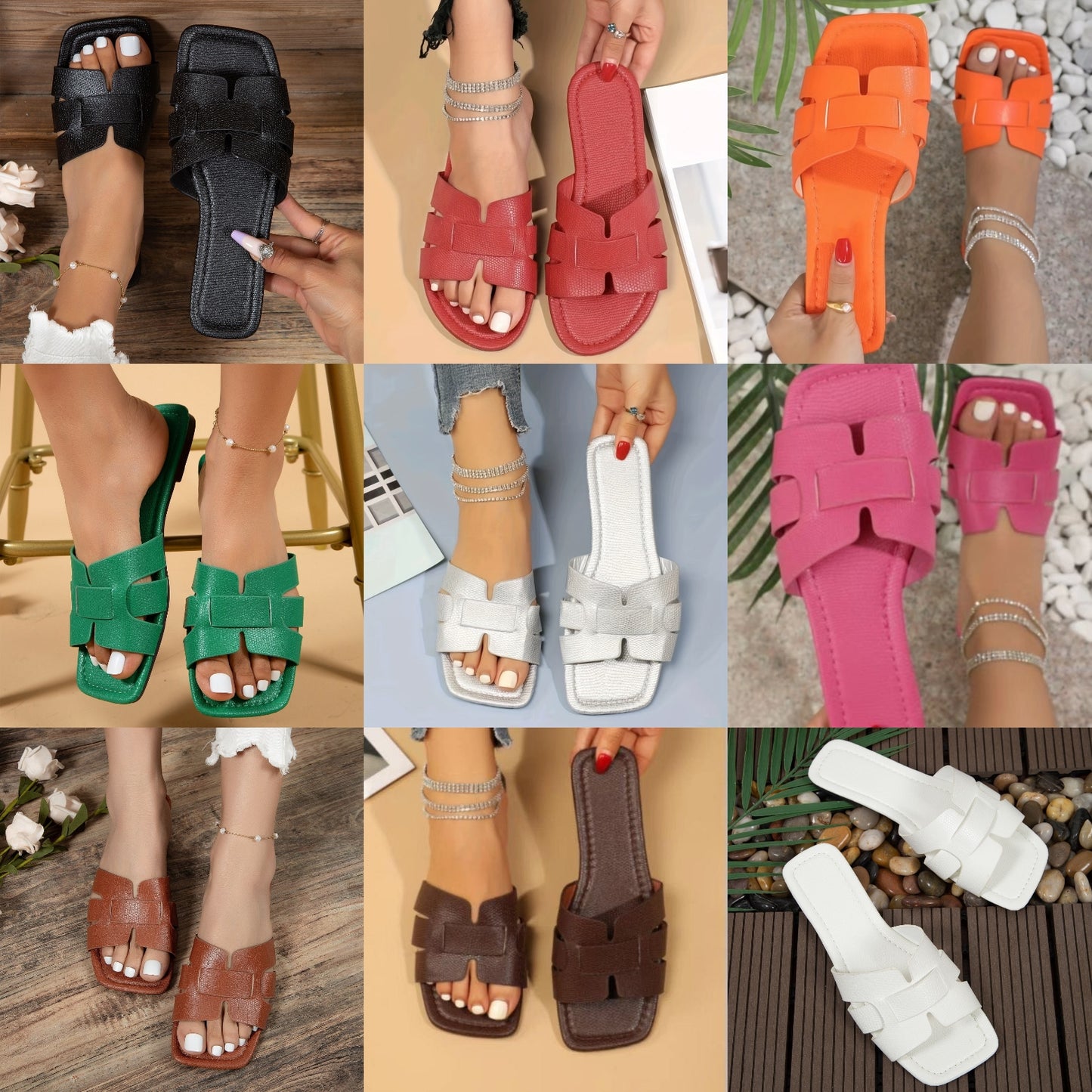 Square Toe Women's Solid Color Hollow-Out Flat Flip-Flop Sandals