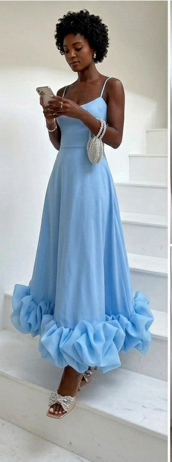 Ruffled Sleeveless Flower Hem Design Spaghetti Strap Flounce Bustier Fishtail Maxi Dress