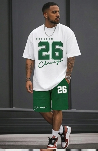 Men's Sportswear "#26 Chicago" Letter Print Short Sleeve T-Shirt+ Drawstring Basketball Shorts Fitness 2-Piece Set