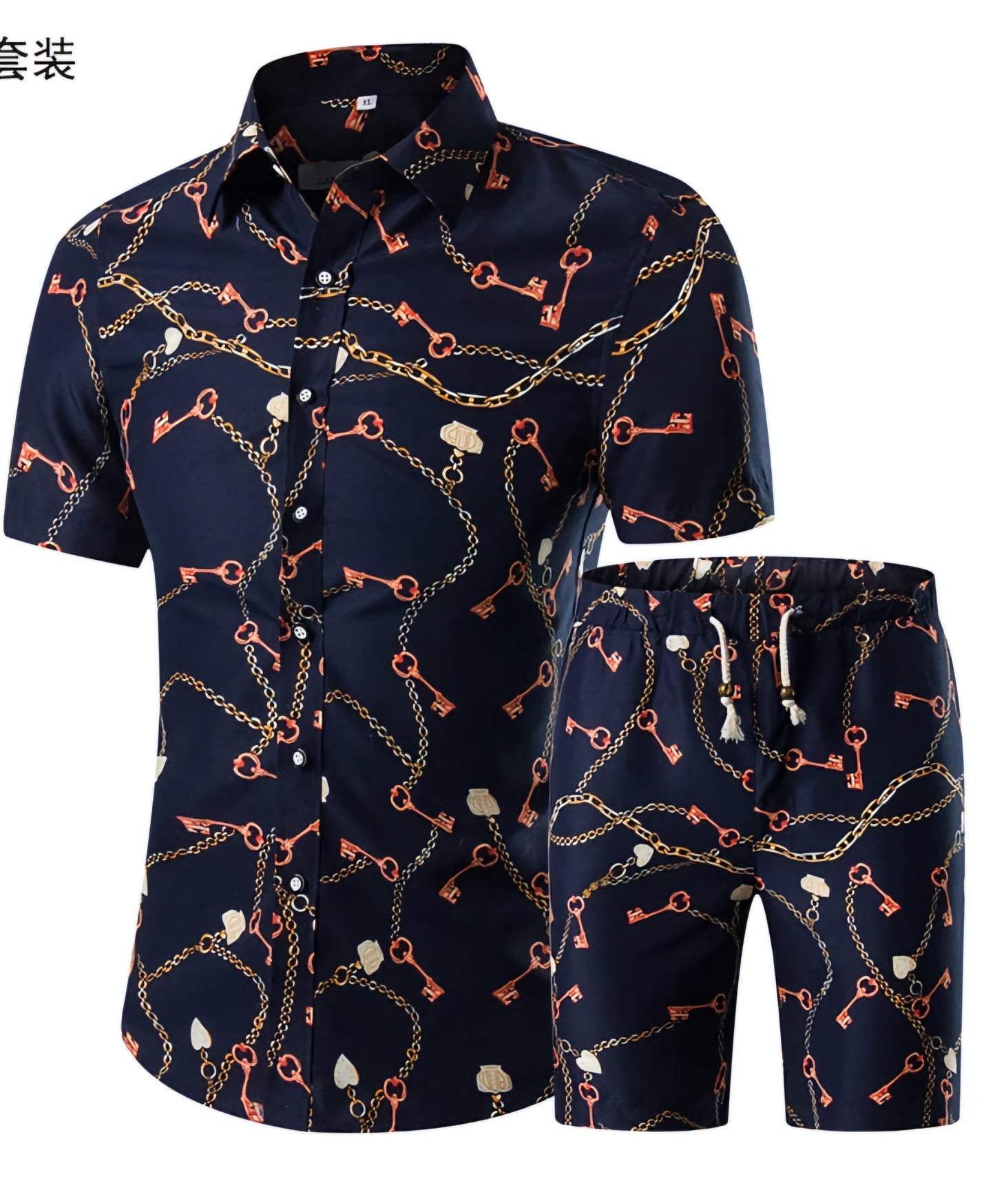 Men's Camouflage/Baroque/Floral/Hawaiian Print Short Sleeve Turn-Down Collar Shirt + Matching Drawstring Shorts 2-Piece Set