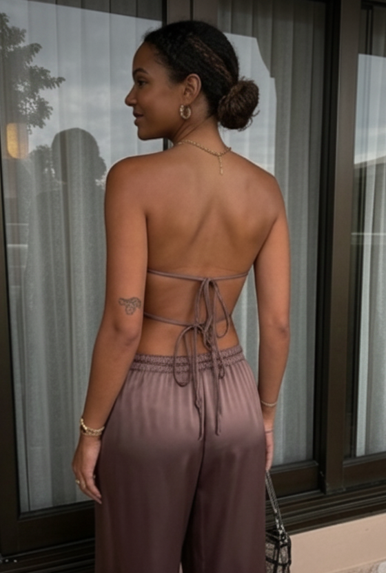 Satin Sleeveless Backless Women's Lace-Up Crop Top + Wide Leg Pants Solid Color 2-Piece Set
