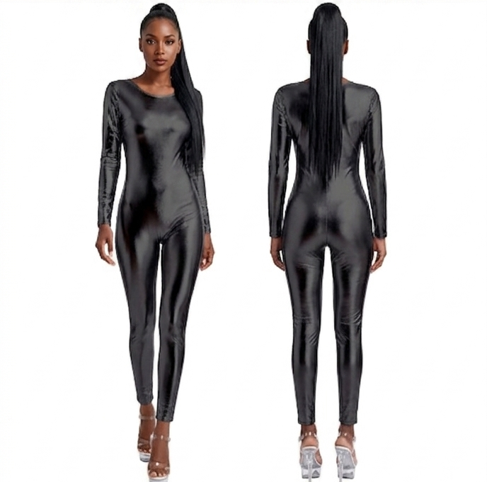 Metallic Shiny Faux Leather Solid Color Women Long Sleeve Dance Bodysuit Clubwear Long Sleeve Jumpsuit to 3X Plus Size