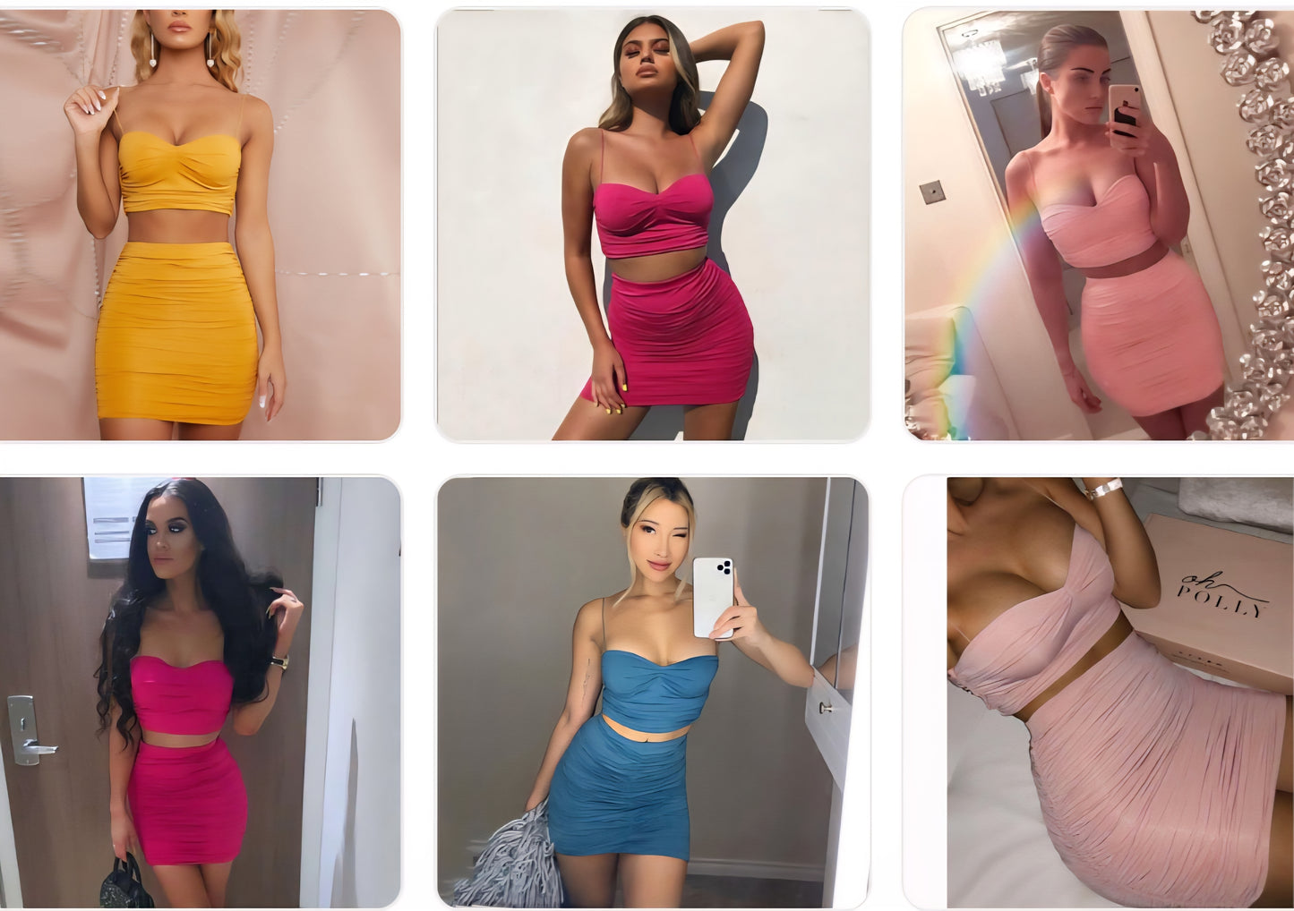 Ruched Pleated Women's Solid Color Crop Spaghetti Strap Crop Tank Top + Skinny Mini Skirt 2-Piece Set