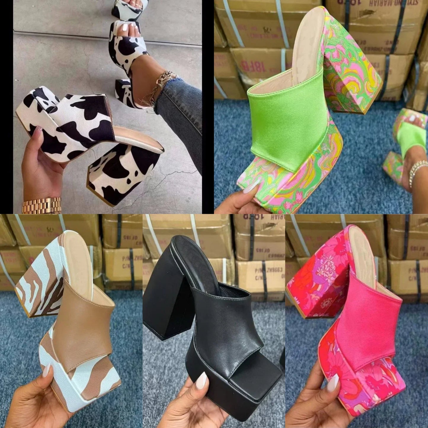 Solid/Cowhide/Zebra Print Women’s Peep Toe Street Square Toe Platform High Heel Sandals