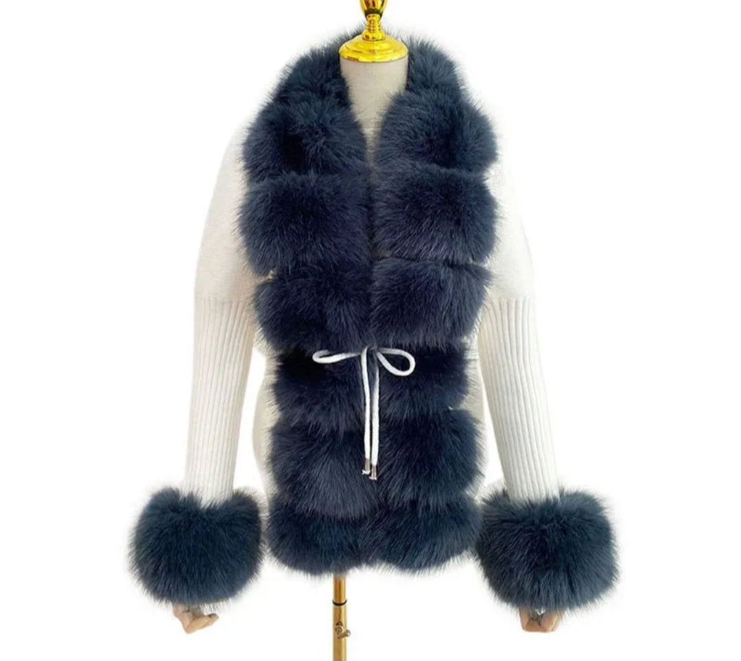 Faux Fur Ladies Knitted Detachable Collar Cardigan Sweater Jacket