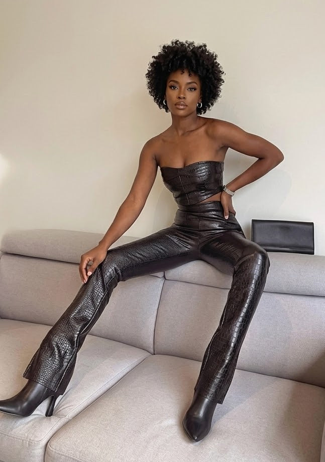 Black PU Leather Croc Pattern Embossed Crop Tube Top + Pants Women's 2-Piece Set