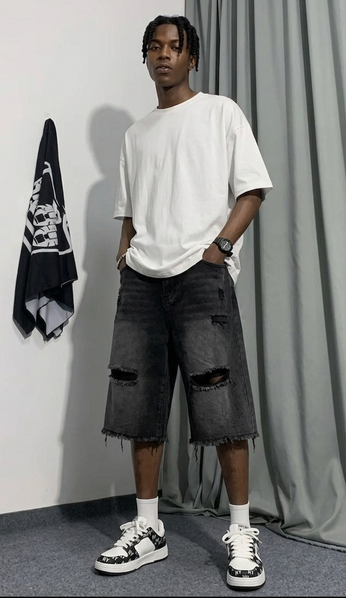 Men's Faded Denim Black Colorblock Hip-Hop Wide Leg Ripped Tassel Fringe Design Knee Length Jean Shorts