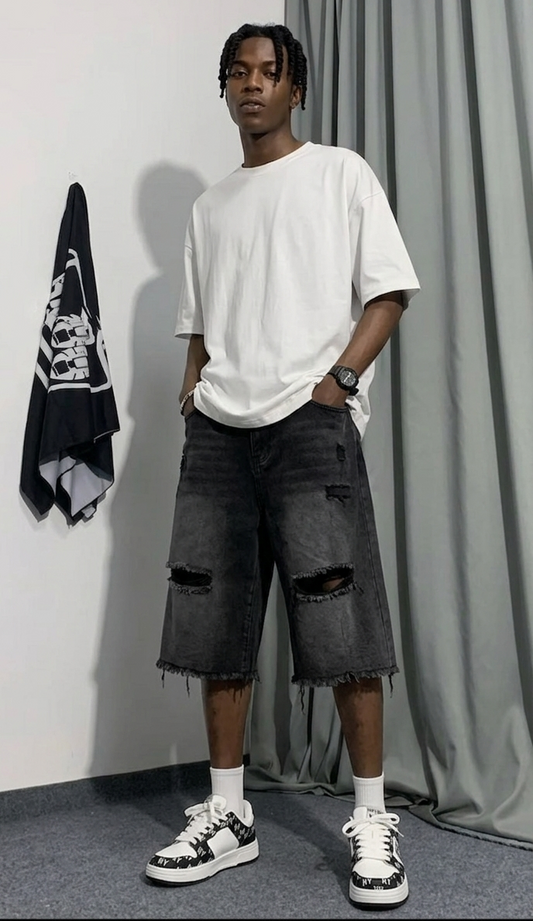 Men's Faded Denim Black Colorblock Hip-Hop Wide Leg Ripped Tassel Fringe Design Knee Length Jean Shorts
