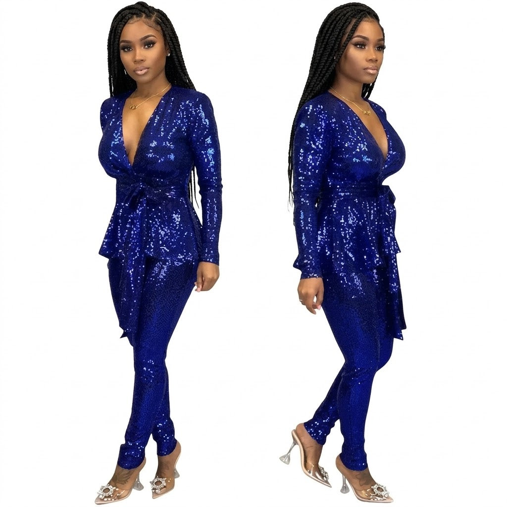 Metallic Sparkling Women's Low Cut Sash Belted Blazer Jacket + Pants Formal Party Suit