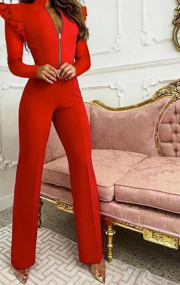 Colorblock Red/Gold Glitter Sequin Long Sleeve/Solid Puff Sleeve Zipper Jumpsuit