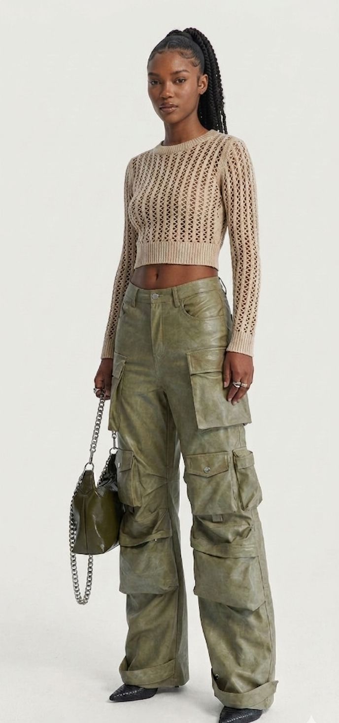 Brown/Light Green PU Leather High Waist Streetwear Hip-Hop Women's Cargo Multi-Pocketed Wide Leg Pants