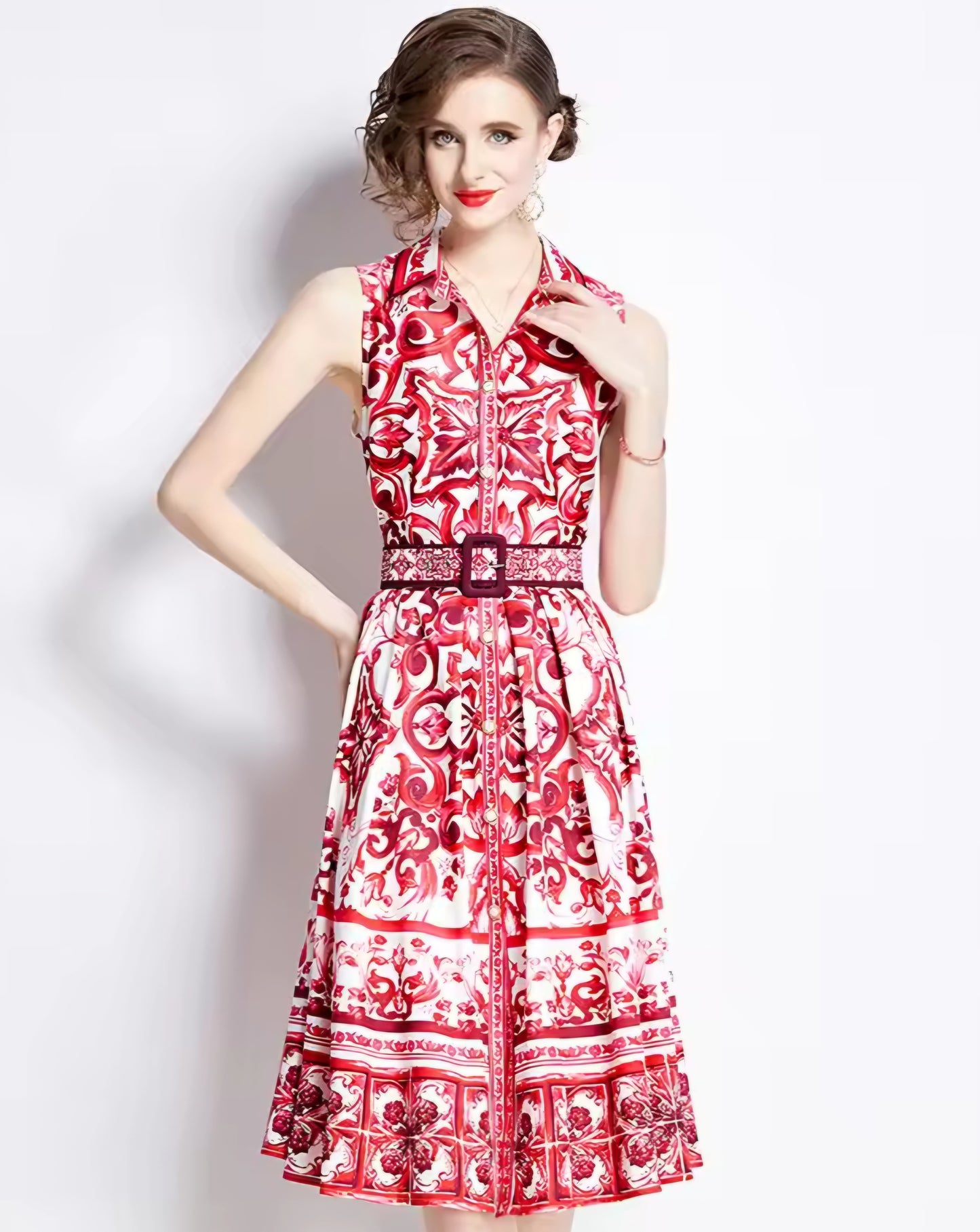 Sleeveless Floral Baroque Print Turn-Down Collar Belted Maxi Dress