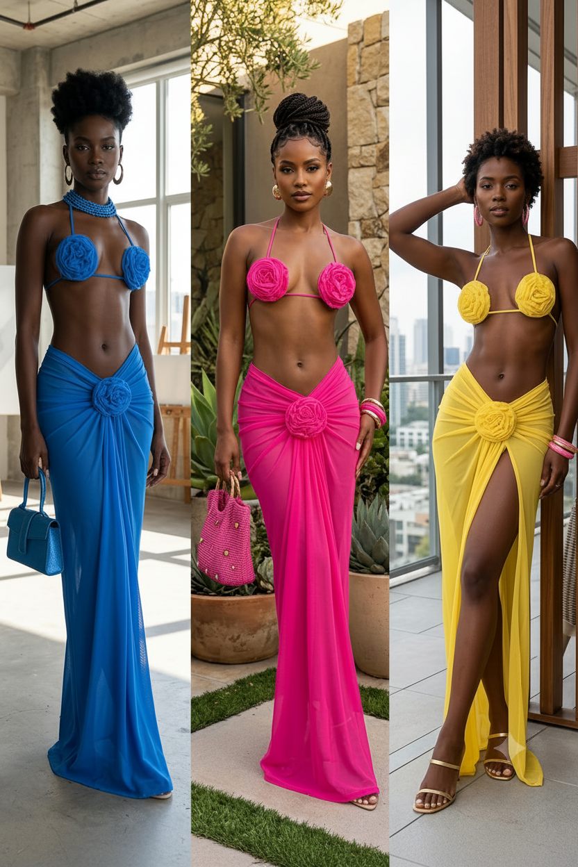 3D Flower Bikini Swimsuit + Sheer Mesh Ruched Sarong Maxi Skirt Cover-Up 3-Piece Swimwear Set