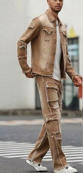 Men's Hip-Hop Denim Khaki Deconstructed Gradient Colorblock Distressed Patchwork Washed Frayed Jean Jacket & Ripped Deconstructed Raw Edge Cargo Multi-Pocketed Wide Leg Streetwear Jeans 2-Piece Set
