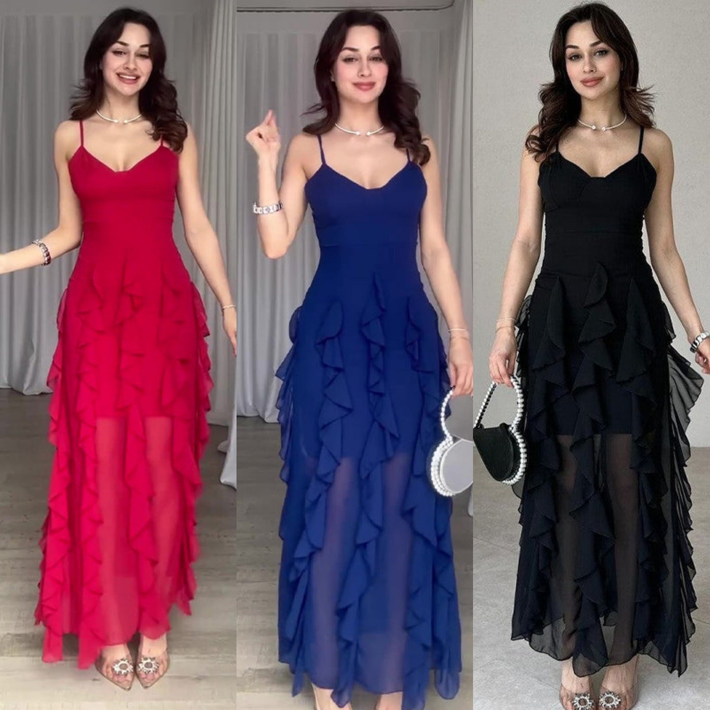 Ruffled Skinny Layered Sheer Patchwork Sleeveless Spaghetti Strap Maxi Party Dress