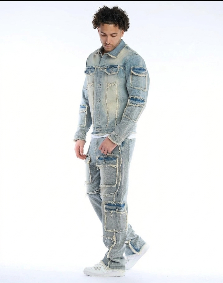 Men's Washed Denim Ripped Faded Light Blue Fringe Hem Multi-Pocketed Hip-Hop Cargo Jeans 2-Piece Set (Jean Jacket + Stacked Jeans)