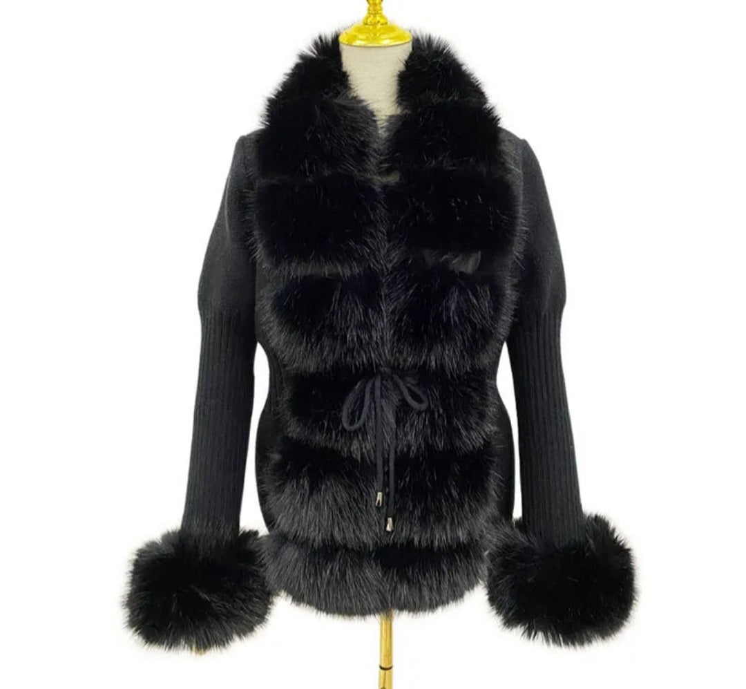 Faux Fur Ladies Knitted Detachable Collar Cardigan Sweater Jacket