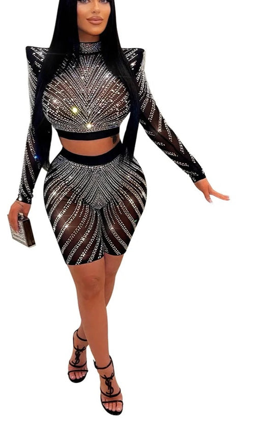 Transparent Mesh Sparkling Diamond Rhinestone Long Sleeve Crop Top + Matching Biker Shorts 2-Piece Set