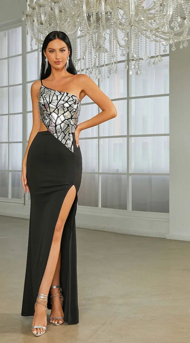 Metallic Silver/Black Asymmetrical Geometric Sequin  Cut-Out High Slit Party/Prom Formal Floor-Length Dress