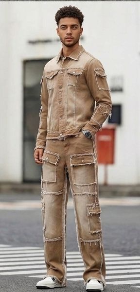 Men's Hip-Hop Denim Khaki Deconstructed Gradient Colorblock Distressed Patchwork Washed Frayed Jean Jacket & Ripped Deconstructed Raw Edge Cargo Multi-Pocketed Wide Leg Streetwear Jeans 2-Piece Set