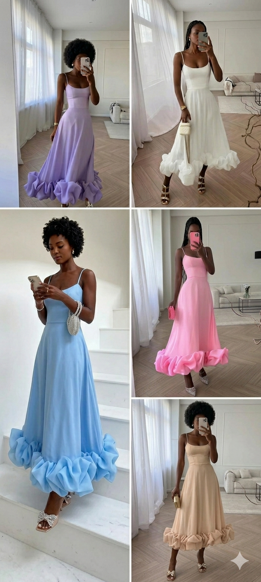 Ruffled Sleeveless Flower Hem Design Spaghetti Strap Flounce Bustier Fishtail Maxi Dress