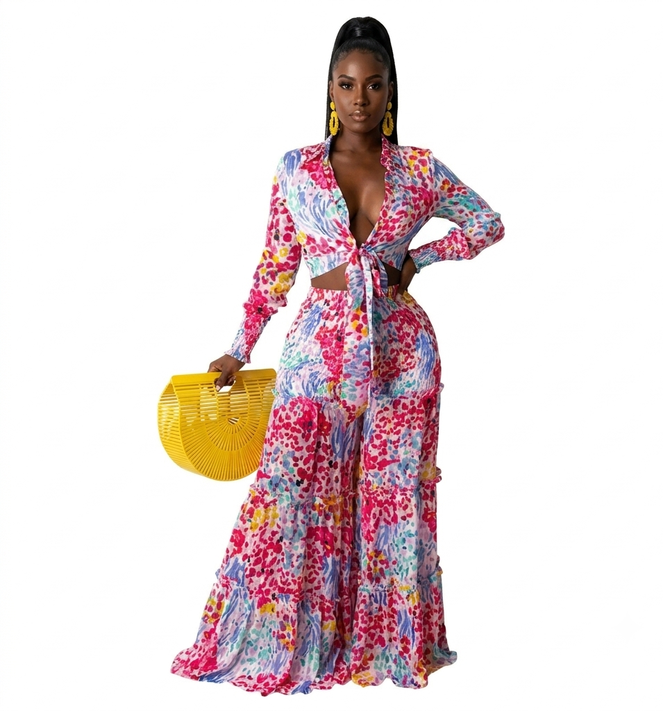 Paisley Floral Tie Front Women's Printed Long Sleeve Bodycon Crop Top + Baggy Pleated Pants 2-Piece Set