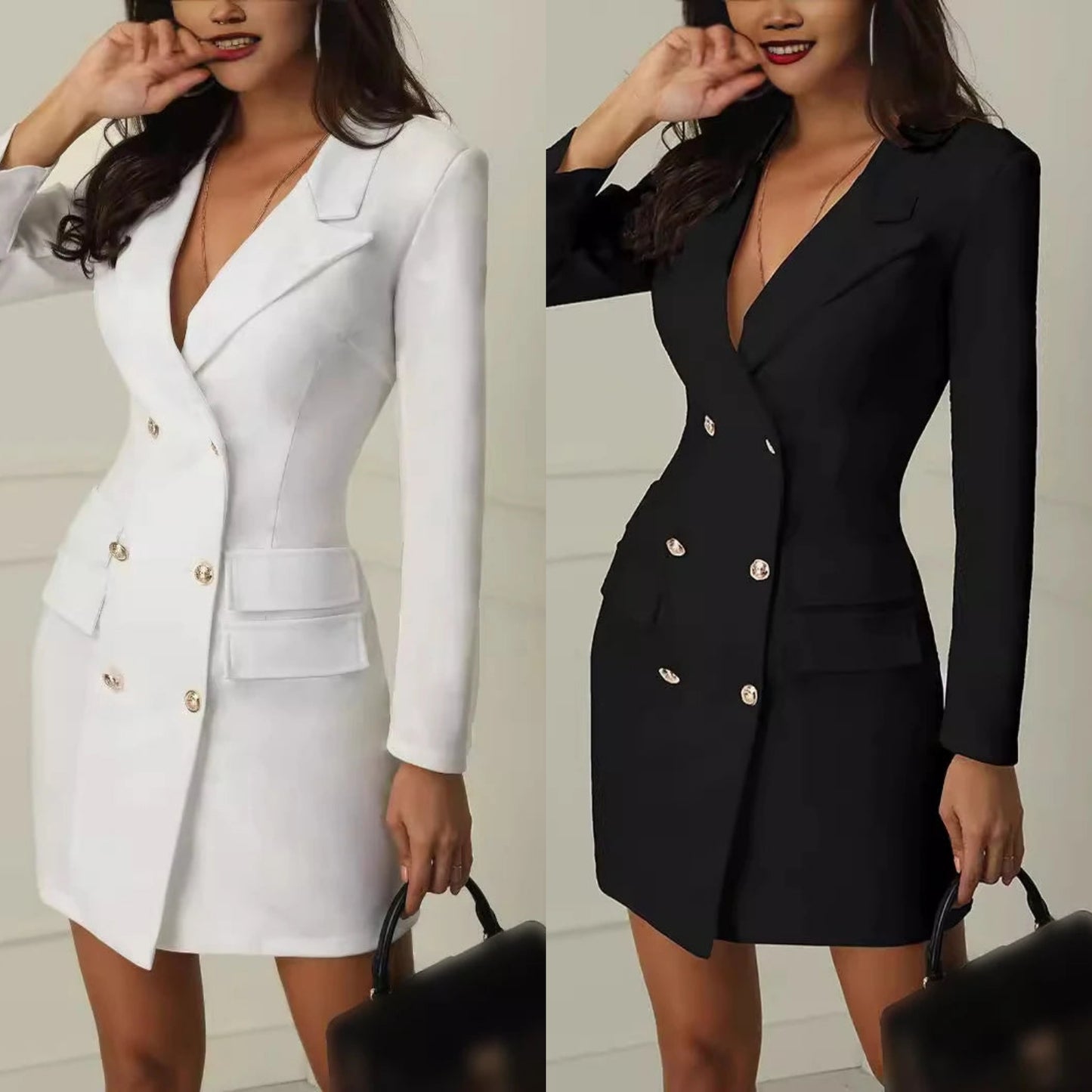 Solid Color Double Breasted Button-Up Long Sleeve Business Blazer Suit Dress