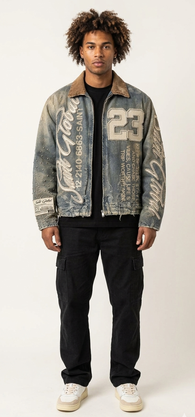 Men's Hip-Hop Leather/Denim Vintage Camo/Sequin Letter # Embroidered/ Oversized Turn-Down Collar Biker Motorcycle Jackets