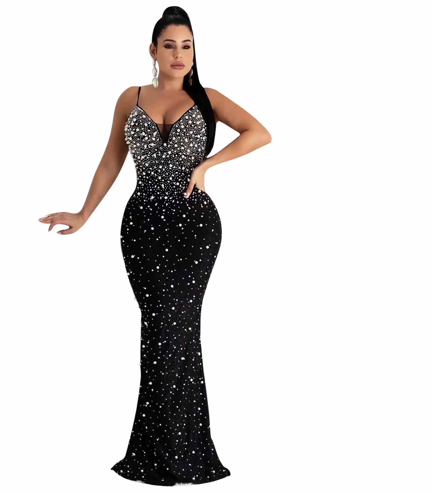 Crystal Diamond Pearl Embellished Spaghetti Strap Trumpet Mermaid Evening Party/Prom Floor-Length Formal Dress