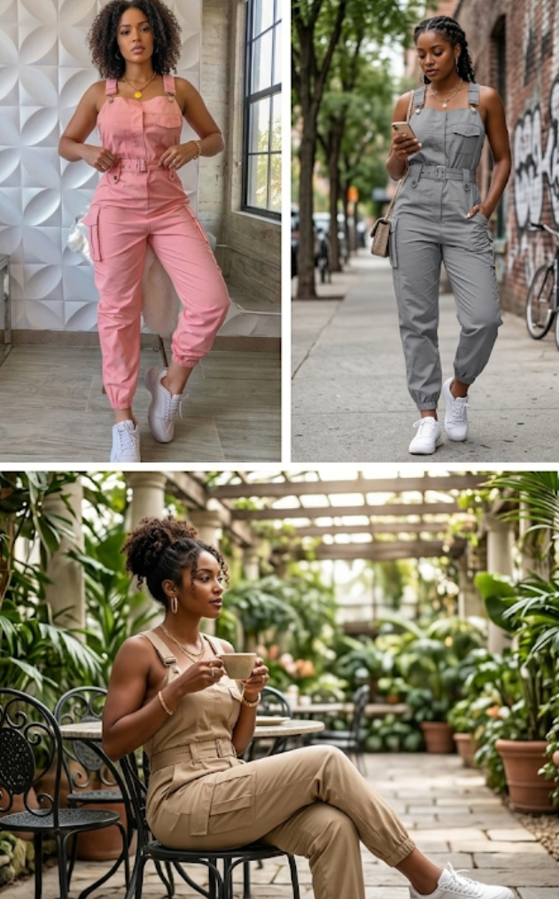 Sleeveless Solid Color Belted Women's Cargo Pocketed Overall Jumpsuit to 3X Plus Size