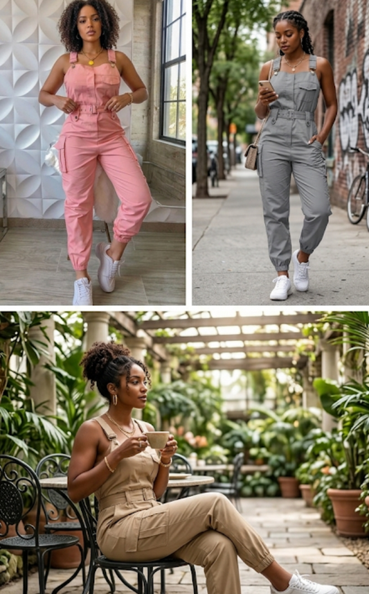 Sleeveless Solid Color Belted Women's Cargo Pocketed Overall Jumpsuit to 3X Plus Size