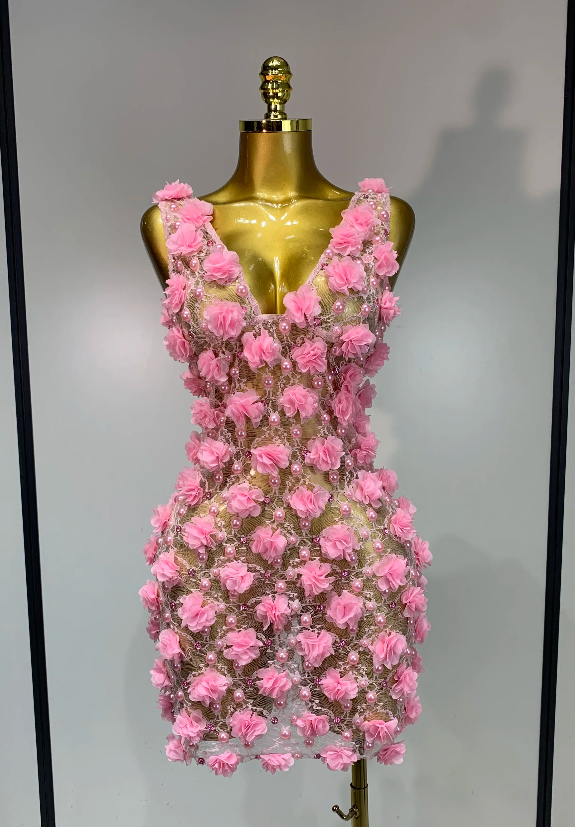 Pink/Black Flower Pearl Embroidered Sheer Transparent Lace Sleeveless Bodycon Mini Formal Party/Prom Dress