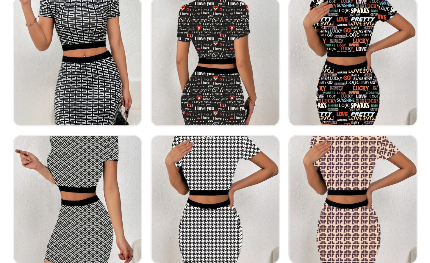 Houndstooth/Plaid Checker/Letter Print Short Sleeve Crop Top + Elastic Waist Mini Skirt 2-Piece Set