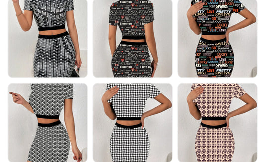 Houndstooth/Plaid Checker/Letter Print Short Sleeve Crop Top + Elastic Waist Mini Skirt 2-Piece Set