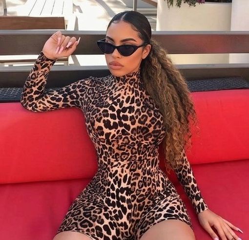 Leopard/Zebra Print Mock Neck Long Sleeve Women's Skinny Bodycon Shorts Romper