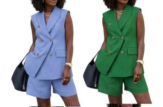 Business Button Design Double Breasted Women's Sleeveless Vest + Shorts Solid Color 2-Piece Suit