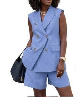 Business Button Design Double Breasted Women's Sleeveless Vest + Shorts Solid Color 2-Piece Suit