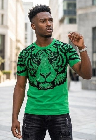 Rhinestone Green/Black Tiger Print Men's O-Neck Short Sleeve T-Shirt to 6X Big & Tall