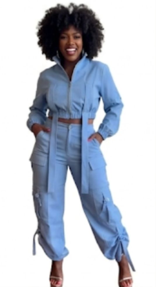 Denim Safari Style Elastic Streetwear Long Sleeve Zipper Bandage Jean Jacket +  Multi-Pocketed Cargo Jeans 2-Piece Set
