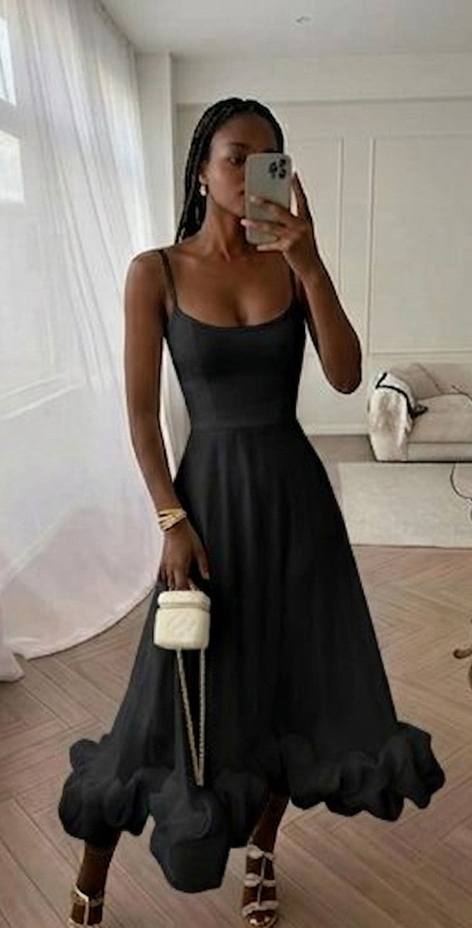 Ruffled Sleeveless Flower Hem Design Spaghetti Strap Flounce Bustier Fishtail Maxi Dress