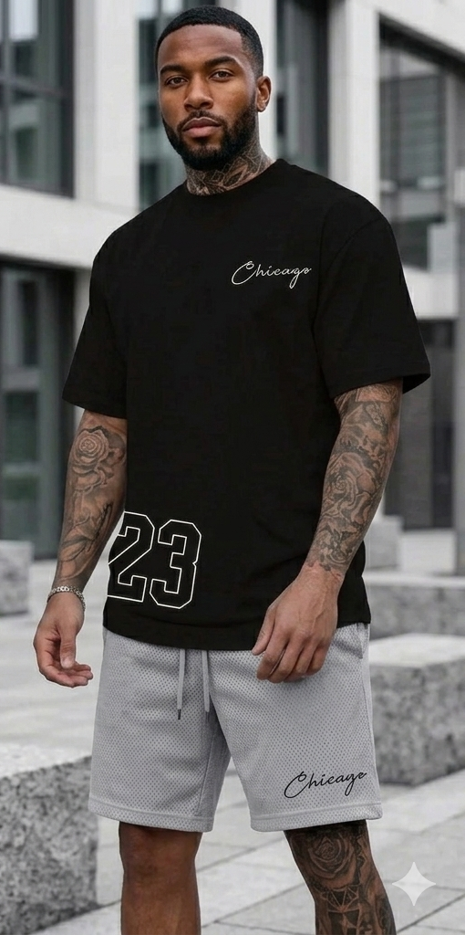 Men's Sportswear "#26 Chicago" Letter Print Short Sleeve T-Shirt+ Drawstring Basketball Shorts Fitness 2-Piece Set