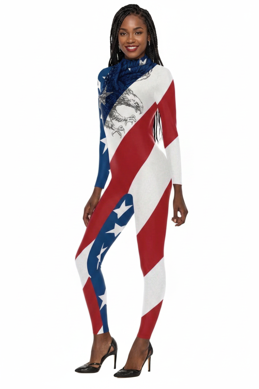 Striped 4th of July US Flag Print Bodycon Women's Long Sleeve Skinny Jumpsuit
