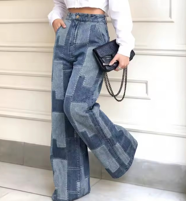 Denim Women's Colorblock Checker Print Streetwear Wide Leg Loose High Waist Trouser Jeans