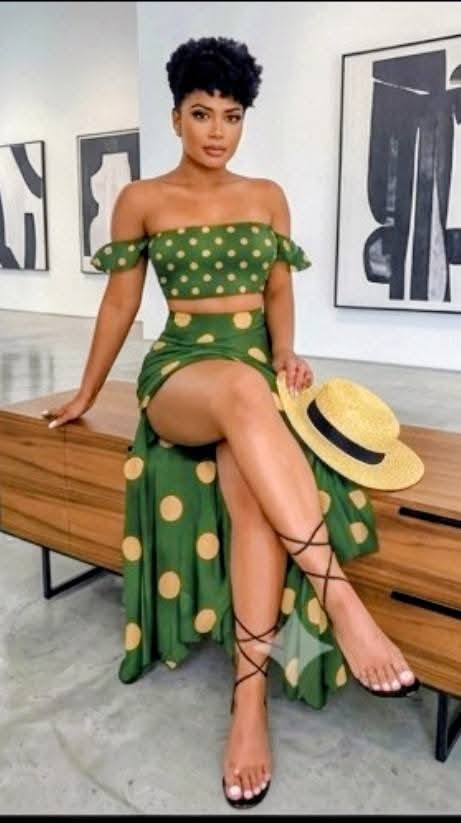 Polka Dot/Floral/Leaf/Peacock Off-the-Shoulder Short Sleeve Top & High Slit Maxi Skirt Women's 2-Piece Set to 3X Plus Size
