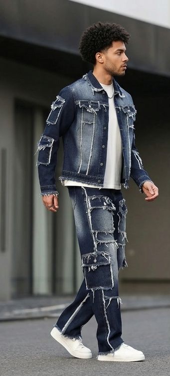 Men's Gradient Colorblock Denim Ripped Faded Dark Blue Fringe Hem Multi-Pocketed Hip-Hop Cargo Jeans 2-Piece Set (Jean Jacket + Stacked Jeans)